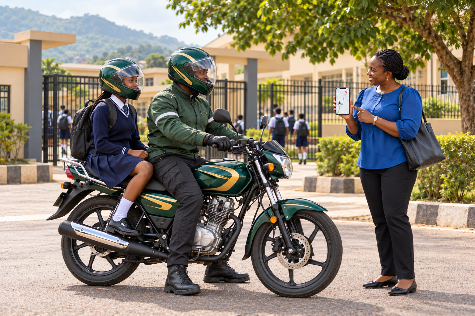 Illustration of a helmeted rider and school student at pickup, with a parent checking the journey on her phone